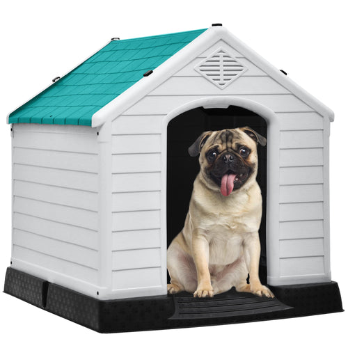 DWVO Large Outdoor Dog House Plastic Doghouse with Air Vents and Ground Nails Insulated Water Resistant Puppy Shelter for Small Medium Dogs (28.5L x 26W x 28H Blue)