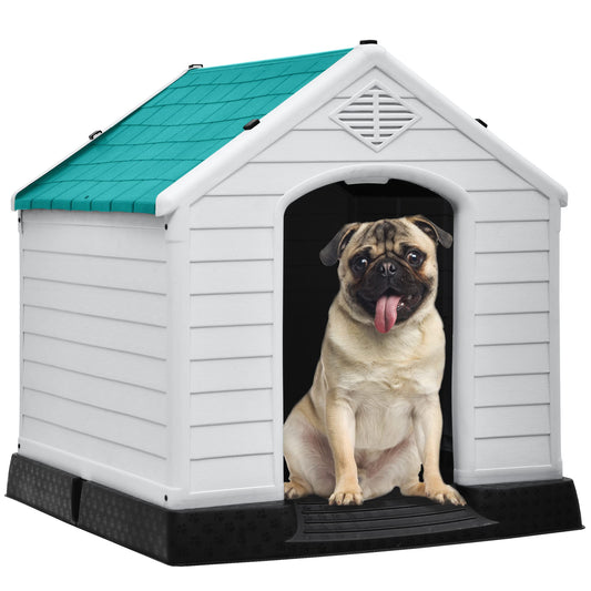 DWVO Large Outdoor Dog House Plastic Doghouse with Air Vents and Ground Nails Insulated Water Resistant Puppy Shelter for Small Medium Dogs (28.5L x 26W x 28H Blue)